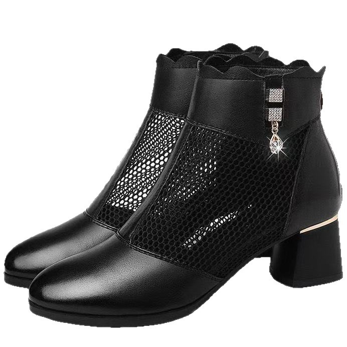 Botas de malla de cuero suave 2026 nueva primavera y verano transpirable tacones bajos suaves antideslizantes sandalias de tacones gruesos para mujeres