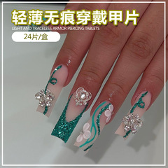 網紅超閃穿戴甲綠色亮片花朵美甲長款方形金光權杖浮雕甲片批發