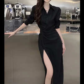 黑色赫本风女 法式高级感翻领单排扣衬衫连衣裙 1405显瘦百搭气质