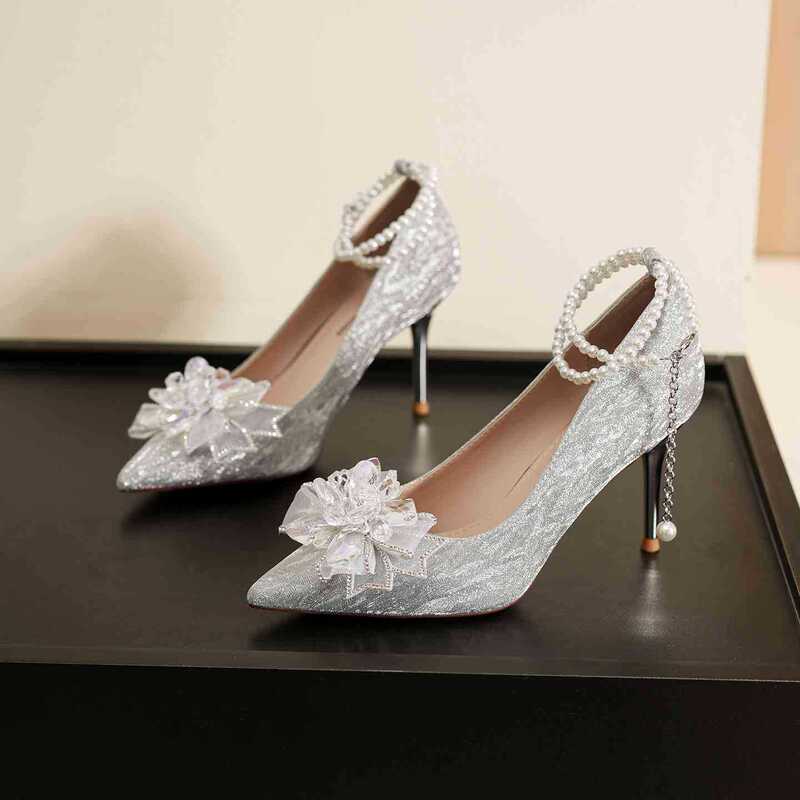 6681Y-134 Crystal Flower Pearl Strap Wedding Dress Wedding Shoes Beautiful Sequined High Heels Stiletto Shoes