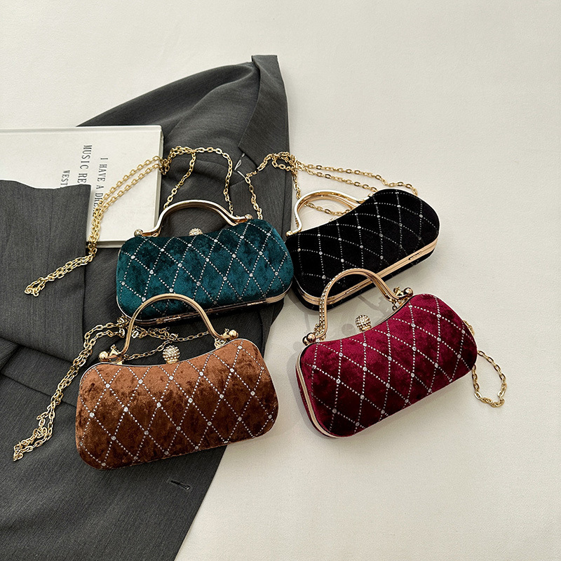 European and American Velvet Evening Bag, Fashionable Chain Shoulder Crossbody Bag, Rhombus Diamond-Encrusted Handbag, Lock Cross-Border Women's Bag