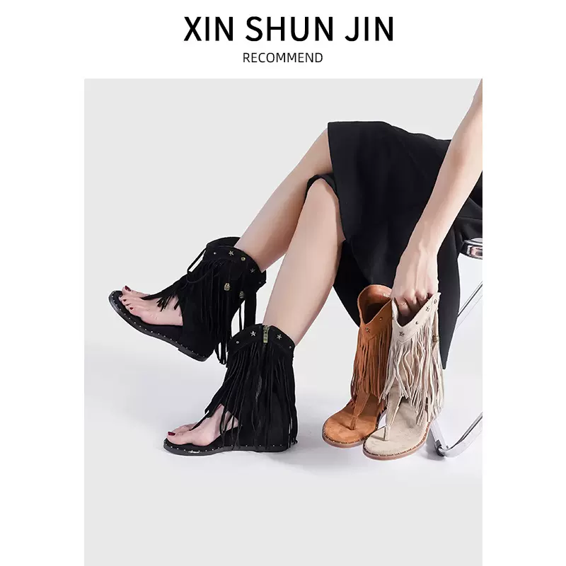 罗马铆钉夹脚流苏凉鞋女2025年新款夏季露趾侧拉链内增高西部凉靴