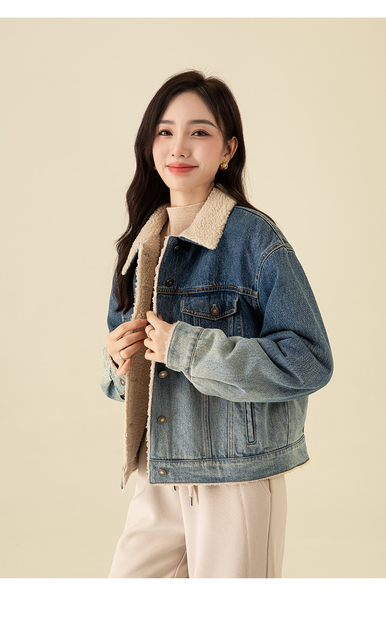 Áo khoác ngắn nữ denim phối màu giả lông cừu, dày dặn giữ ấm — Chuyển dần xanh lam chi tiết 20