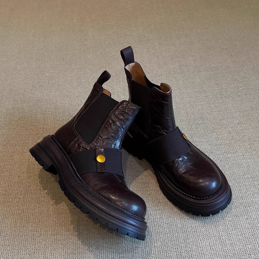 Stivaletto alla caviglia in pelle stile britannico da donna, modello invernale 2026 con tacco grosso, tacco medio, suola morbida marrone, versatile._voghion.com