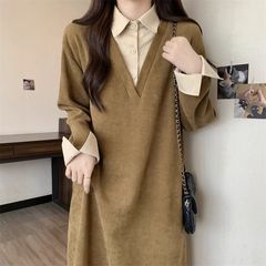 大码设计感假两件连衣裙子女秋冬季微胖mm遮肉显瘦慵懒风撞色长裙