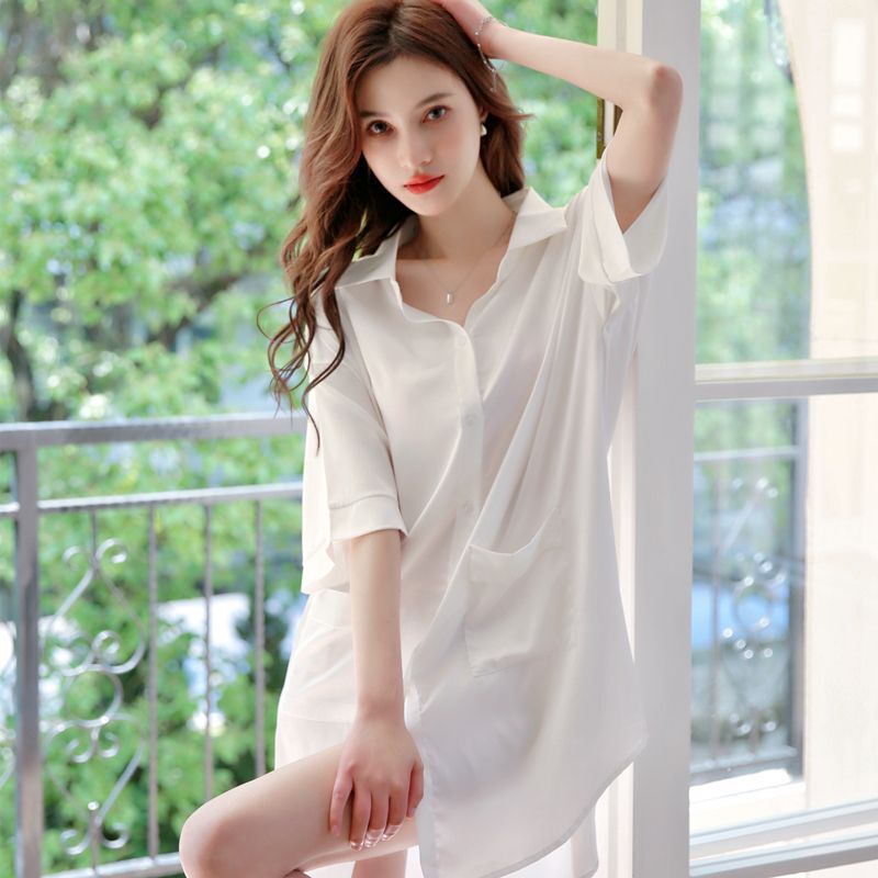 2026 New Summer Silk Shirt Nightdress Internet Celebrity Loose Short Sleeve Thin Pure Desire Pajamas Home Wear