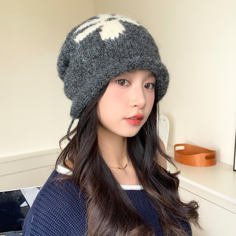 韩系可爱花朵针织毛线帽子女秋冬季百搭防风保暖堆堆帽大头围冷帽|undefined