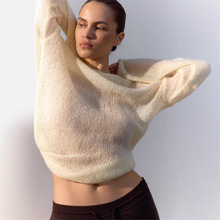 跨境2026春夏镂空针织衫欧美圆领长袖宽松薄款透视毛衣上衣女批发