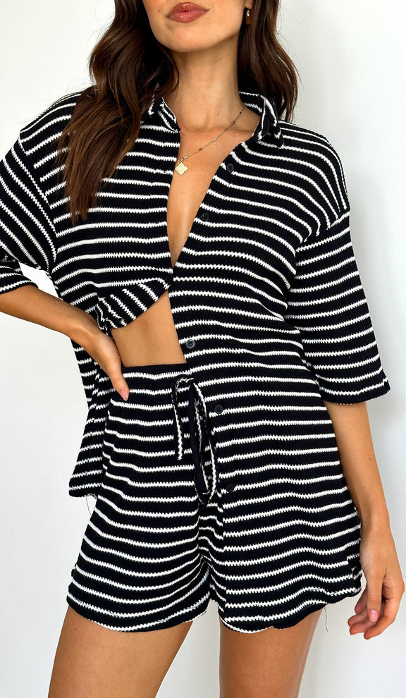 350g Weight Half Sleeve Sleeve Length Polyester Fabric Type Shorts Co-ord Set Sets Type 2 Pieces Set Quantity Holiday Occasion V Neck Neckline Comfort Function Regular Fit Fit Type Stripe Pattern 2025 Spring and Summer Season Women's Gender Casual, Vacation Style Holiday Women's Casual Vacation Stripe Polyester Shorts Co-ord Set Shorts Sets 19