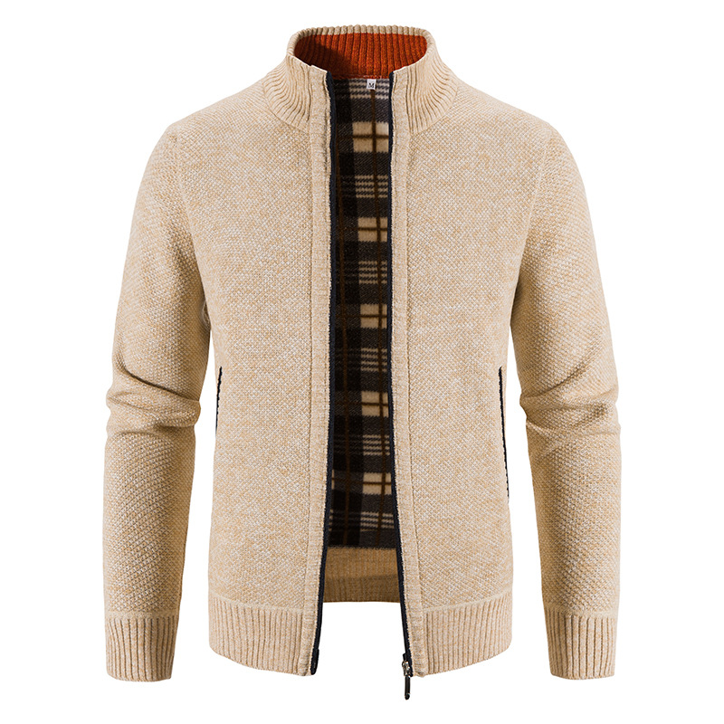 Hombres forrados de lana engrosada cuello de pie cardigan suéter comercio exterior juventud color sólido simple delgado suéter cálido abrigo de moda