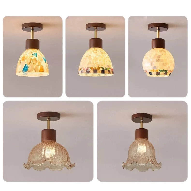 Vintage-Style Hallway Ceiling Light in Walnut Color, High-End Shell-Shaped Foyer Corridor Light Fixture for Balcony Entrance and Cloakroom