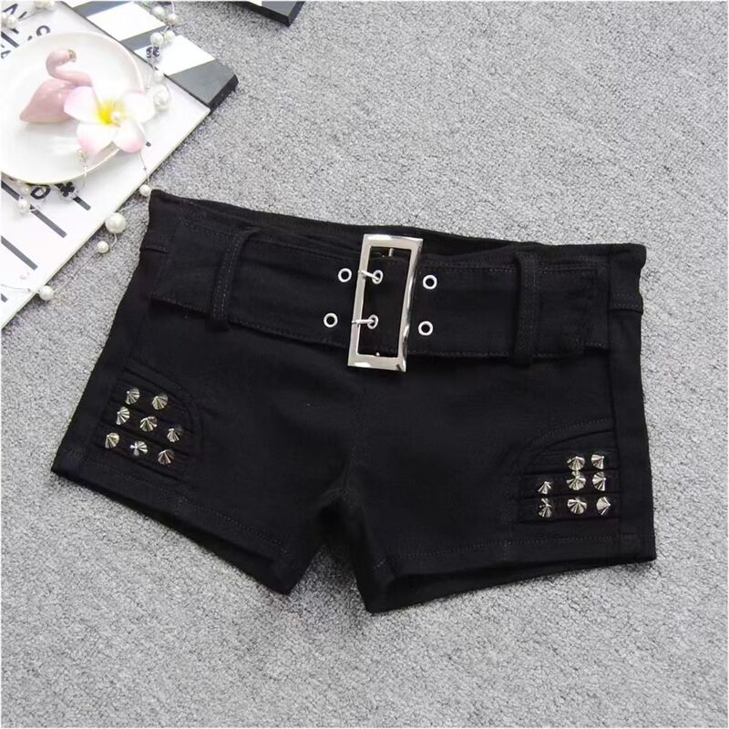 Black Tight Elastic Low-Waist Denim Shorts for Women, Slim Fit, Versatile Rivet Shorts, American Sexy Hot Pants