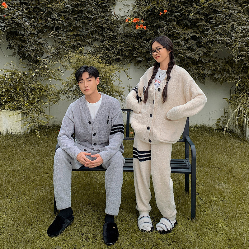 하프 벨벳 커플 느슨한 잠옷 여성 기모 두꺼운 대비 카디건 고급 편안한 봉제 홈 의류