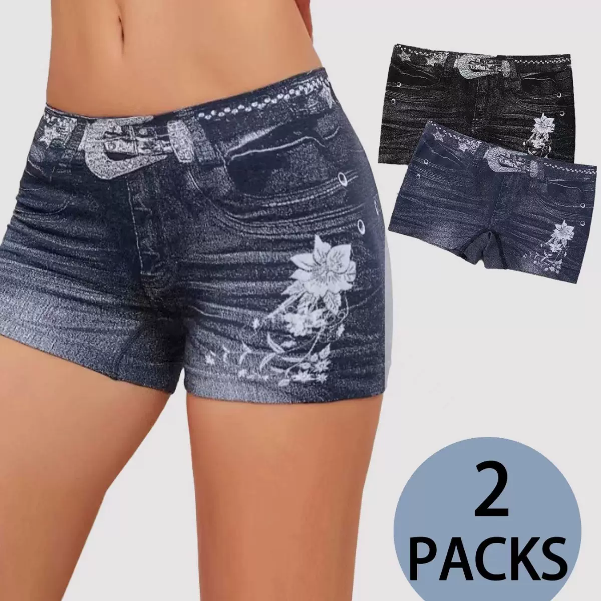 欧码大码女士无缝仿真牛仔内裤打底外穿舒适透气中腰平角裤特大码