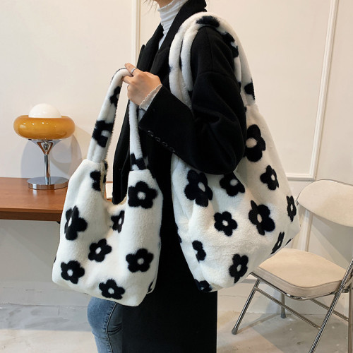 Bags  autumn and winter new Japanese style cute black and white flower plush women's bag furry single shoulder crossbody bag armpit bag