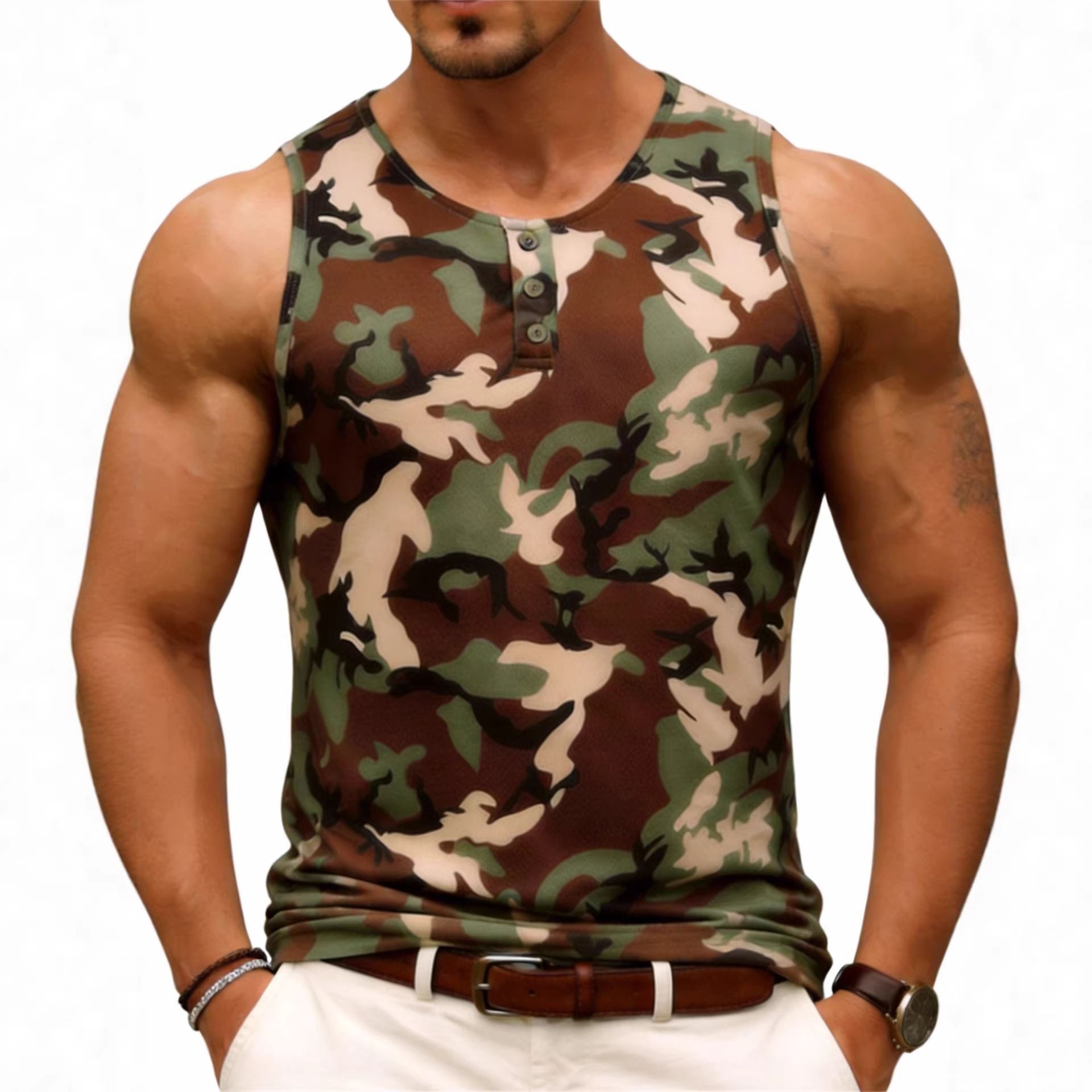 Crazy Muscle Summer Camouflage Vest Men's Quick-Dry Breathable Round Neck Button-Down Top Fitness Sports Cross-Border