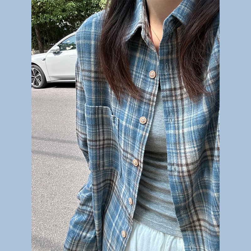 法式蓝色格子棉质长袖衬衫外套女春秋季新爆款早秋气质上衣设计感