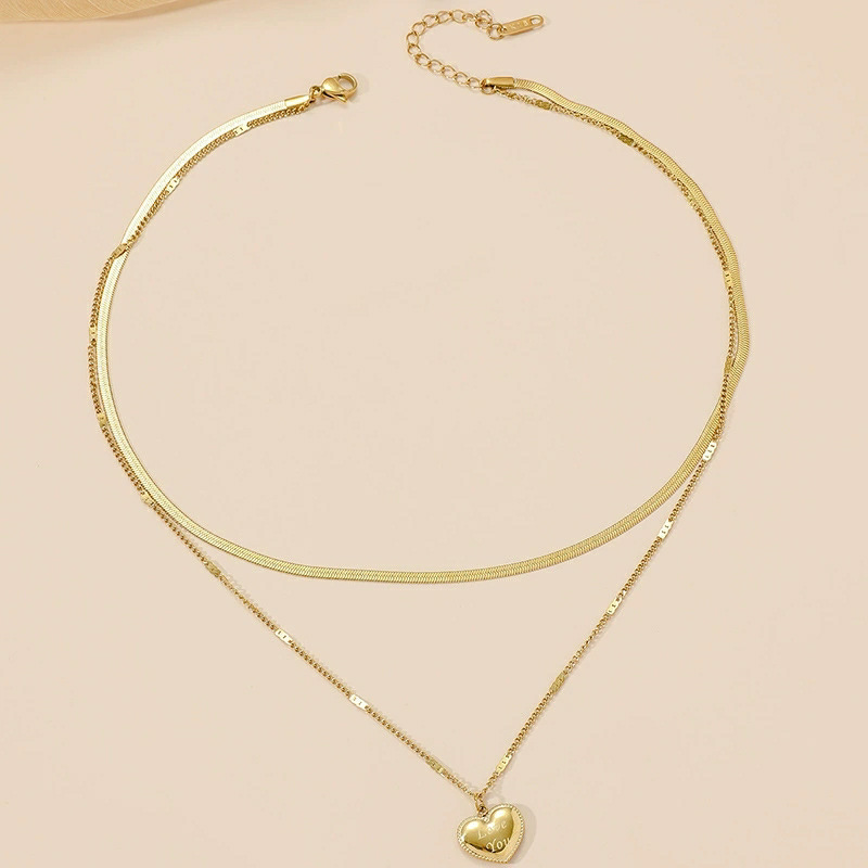 Love Double Layer Layered Titanium Steel Necklace, Light Luxury and Versatile Snake Bone Chain, Personalized Peach Heart _voghion.com