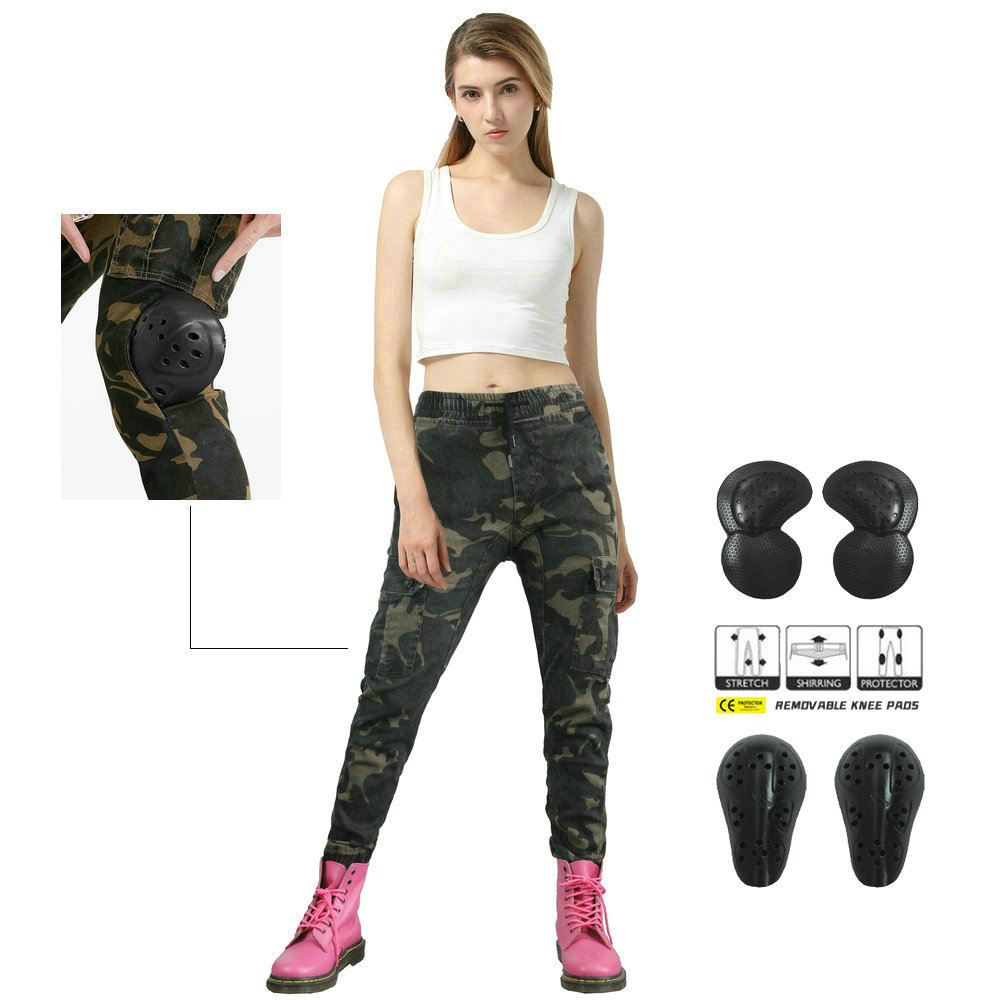 Loong biker casual camuflaje gota resistente a los pantalones de la motocicleta pantalones vaqueros de la motocicleta carreras de motos pantalones de montar para las mujeres