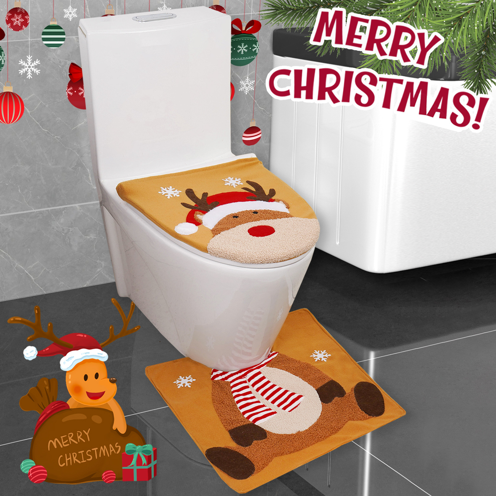 Transfronterizo nueva Navidad decoración cubierta de inodoro alces baño Baño suministros conjunto de dos piezas