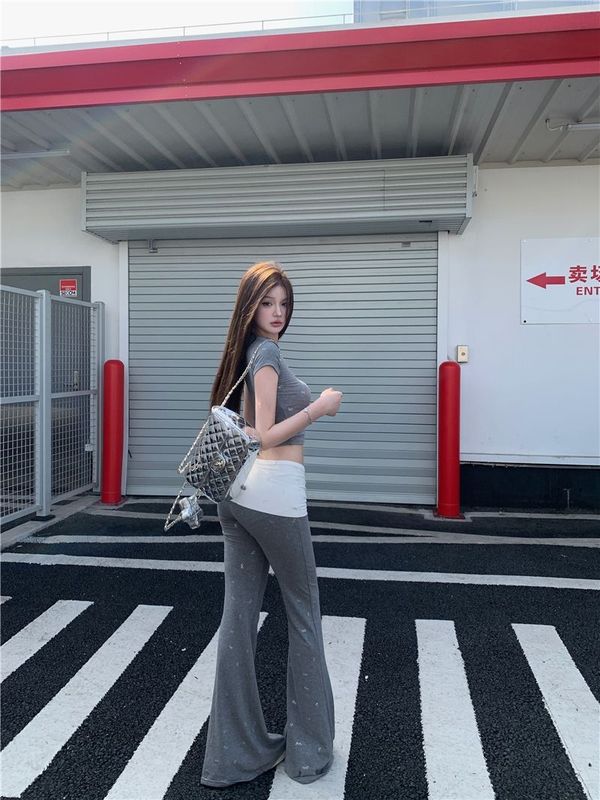 蝴蝶结镂空辣妹短袖T恤女夏季设计感套装撞色微喇叭休闲裤两件套|undefined