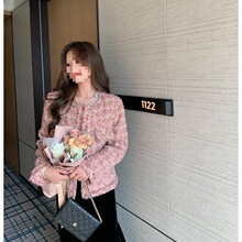 2024年春秋新款法式粗花呢气质名媛休闲百搭短款粉色小香风外套女