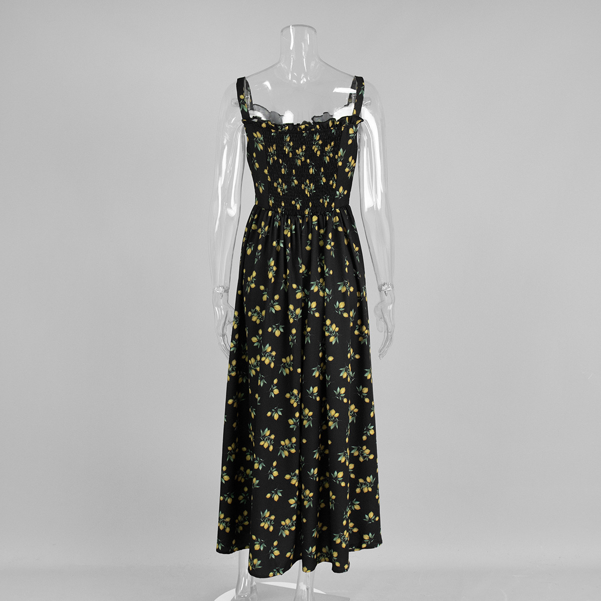 Cross-Border Floral Strap European And American 2025 Summer New Low Neck Tie Slit High Waist Printed Dress_ecoleips.com