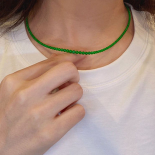 Jadeite Millet Bead Necklace Celebrity Style Jadeite Treatment Imperial Green Collarbone Chain Bright Green Spinach Green Brightening