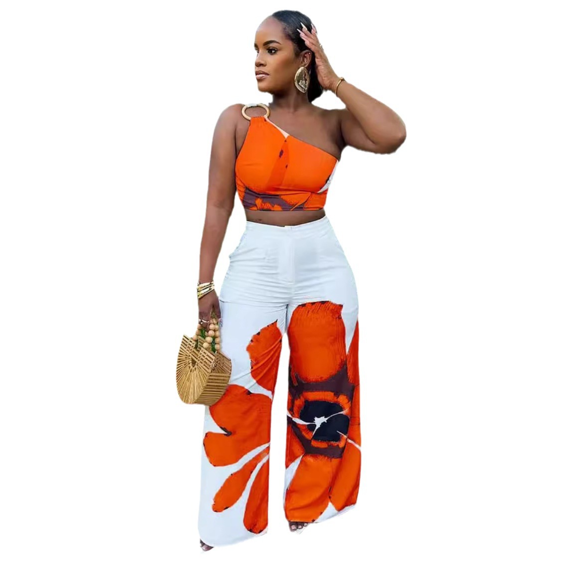 Women's Clothing printed one shoulder slim fit wide leg pants two piece set_voghion.com