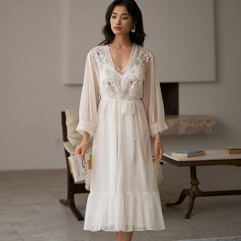 春秋纯欲网纱睡裙花边蕾丝长袖两件套熟女风宫廷可外穿时尚家居服