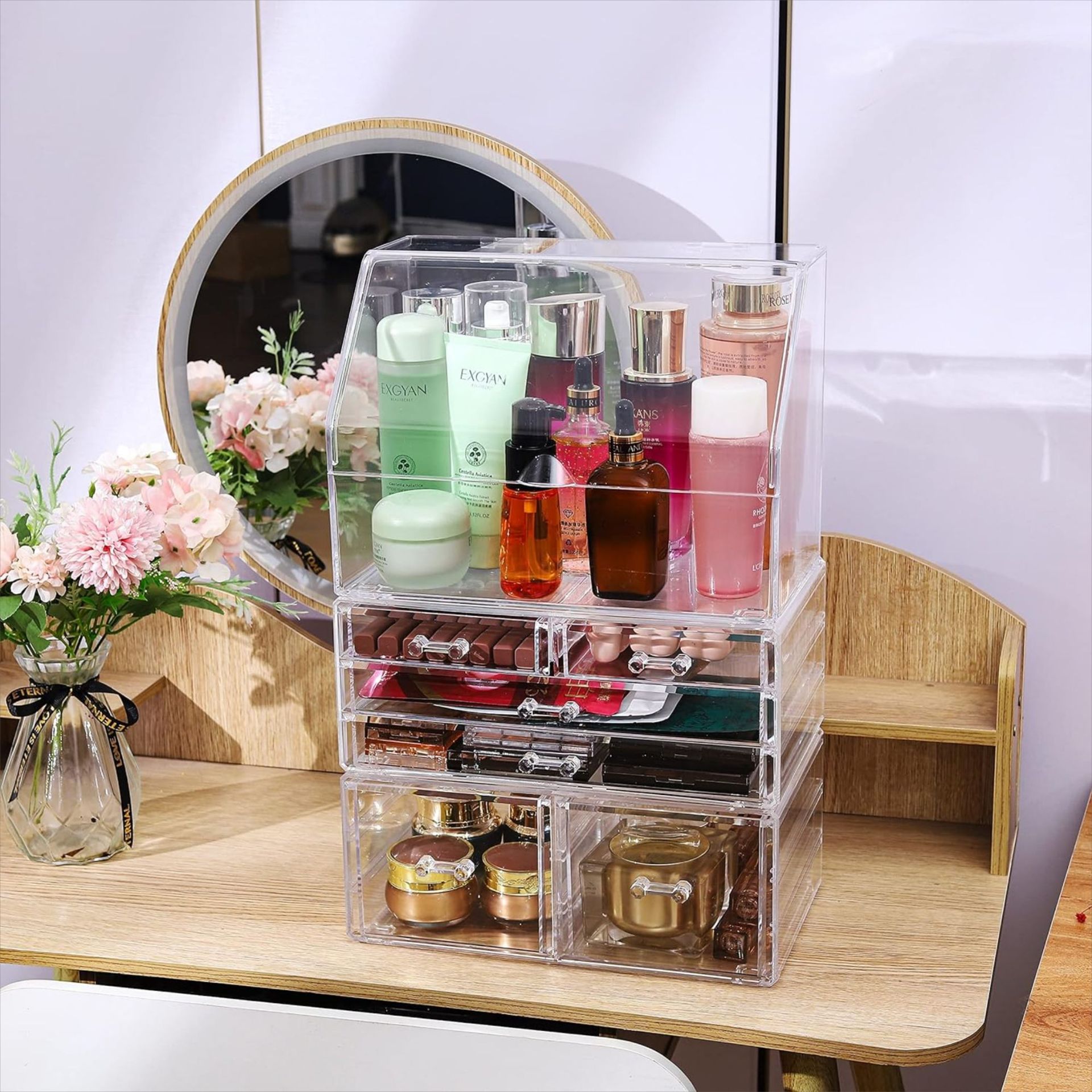 化妝品抽屜收納盒 亞克力防塵翻蓋桌面護膚品整理盒 透明化妝盒子