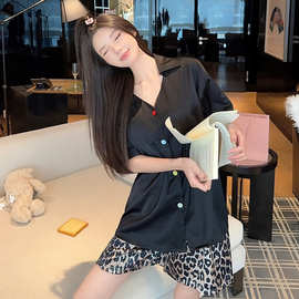 批发冰雪丝三件套 短袖开衫衬衫领V领短裤长裤家居服黑色豹 包邮