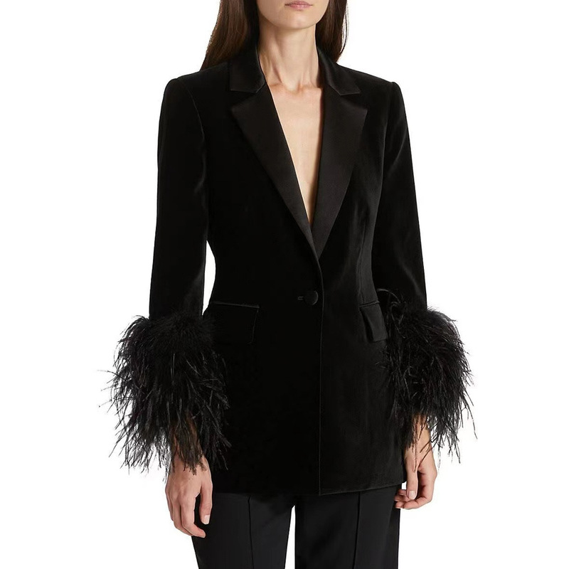 In stock 2023 autumn and winter European and American style feather decorative black suit jacket ostrich fur cross-border top small dress for women In stock 2023 autumn and winter European and American style feather decorative black suit jacket ostrich fur cross-border top small dress for women