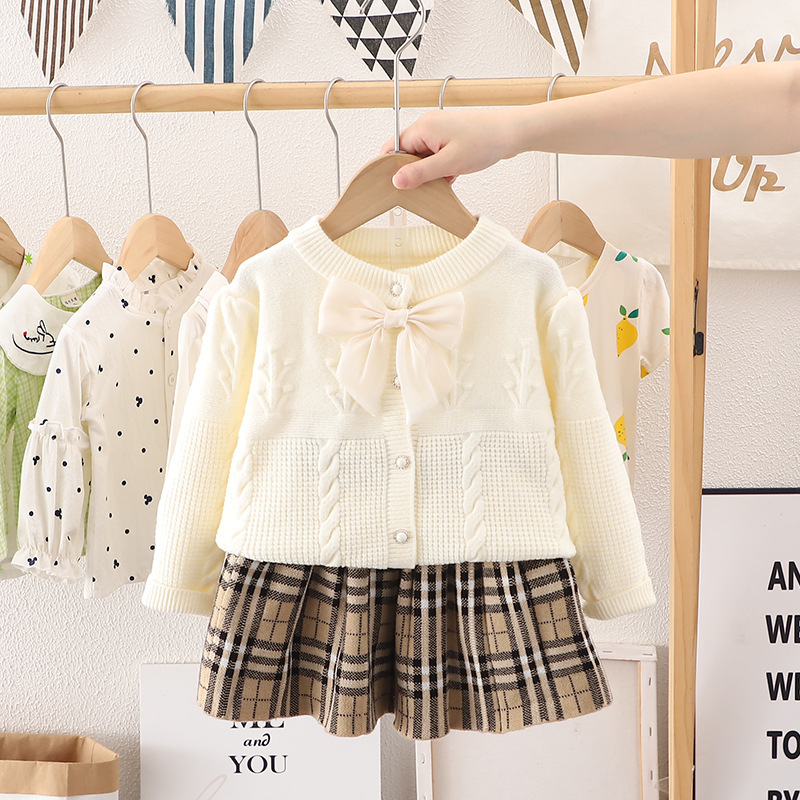 2023 neue kinder frauen Schatz Pullover Mädchen Gestrickte Bogen Rock Zwei Stück Set Modische_voghion.com