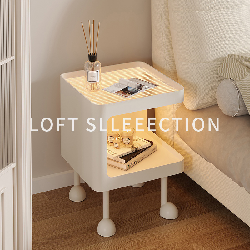 Cream-Colored Bedside Table for Bedroom, Home Use, Wrought Iron with Sensor Light, Storage Small Side Table, Laofu Temic