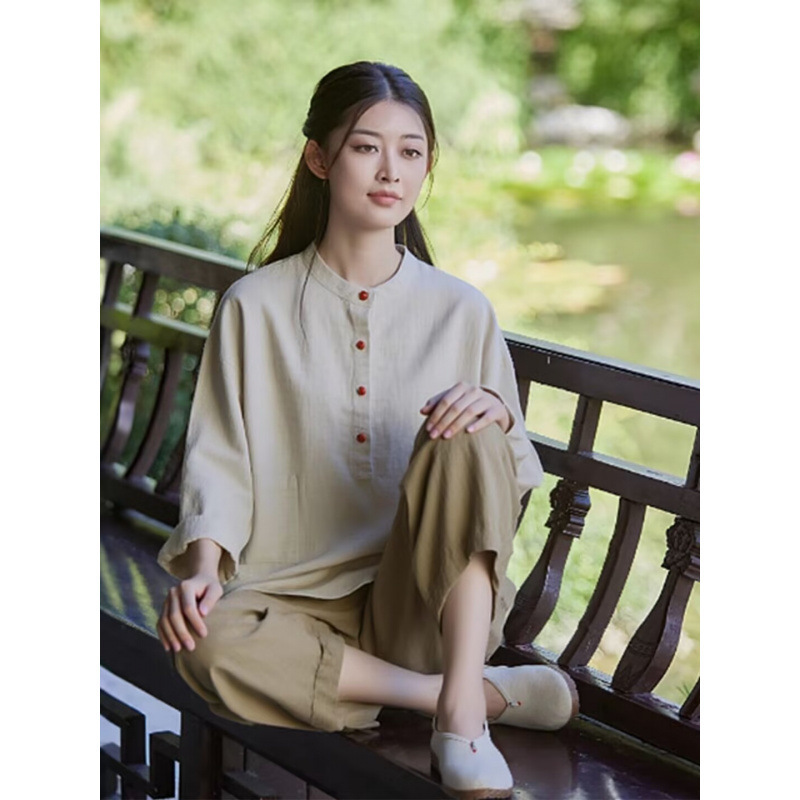 禅服棉麻盘扣居士服秋季中国风佛系禅意素衣女新中式太极表演服|undefined