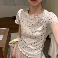 小清新碎花短袖T恤女2024夏季新款圆领修身显瘦薄款微透打底上衣