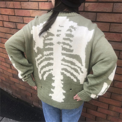 Relaxed Skeleton Print Men's Sweater Women's High-Quality Personality Streetwear Hole Vintage Knit Sweater