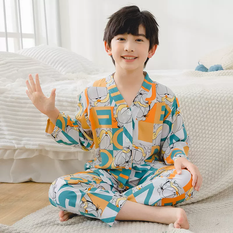 棉绸睡衣儿童家居服空调服V领长袖男童女童宝宝夏季服装童装棉夏