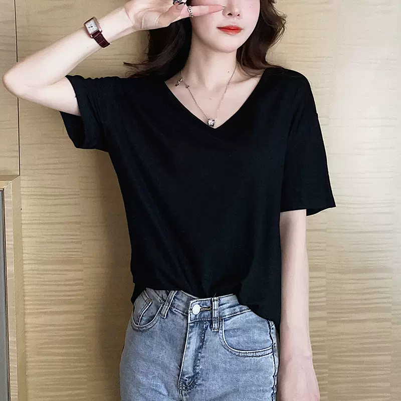 黑色V领短袖T恤女2024莫代尔韩版宽松显瘦纯色百搭打底上衣TR6144