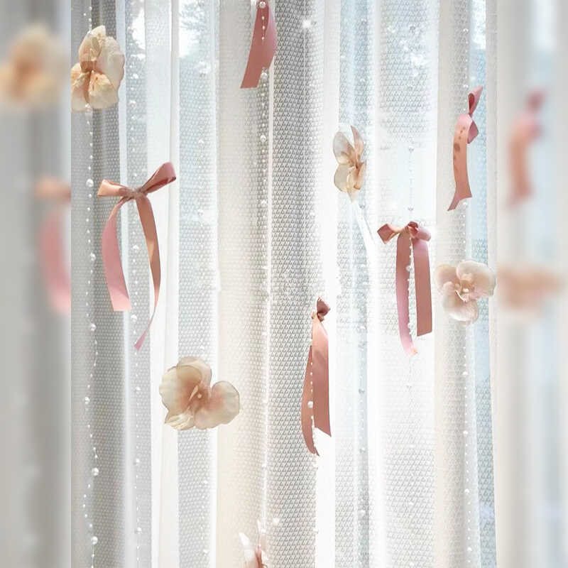 Pearl Ribbon Bow Door Curtain Hanging Decoration, Colorful Bead Chain, Home Wedding Preparation, Bridal Room, Girly Heart-Shaped Bay Window Hanging Decoration
