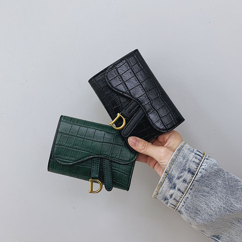 ins small wallet women's short  new Korean version crocodile pattern embossed D-shaped buckle coin purse three-fold card bag trendy