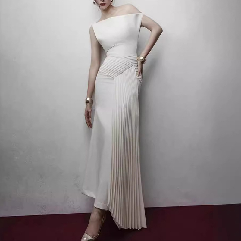 Elegant Ladylike Style Dress for Women, 2026 Spring New Model, Pleated Design, Slim Fit, White Evening Dress