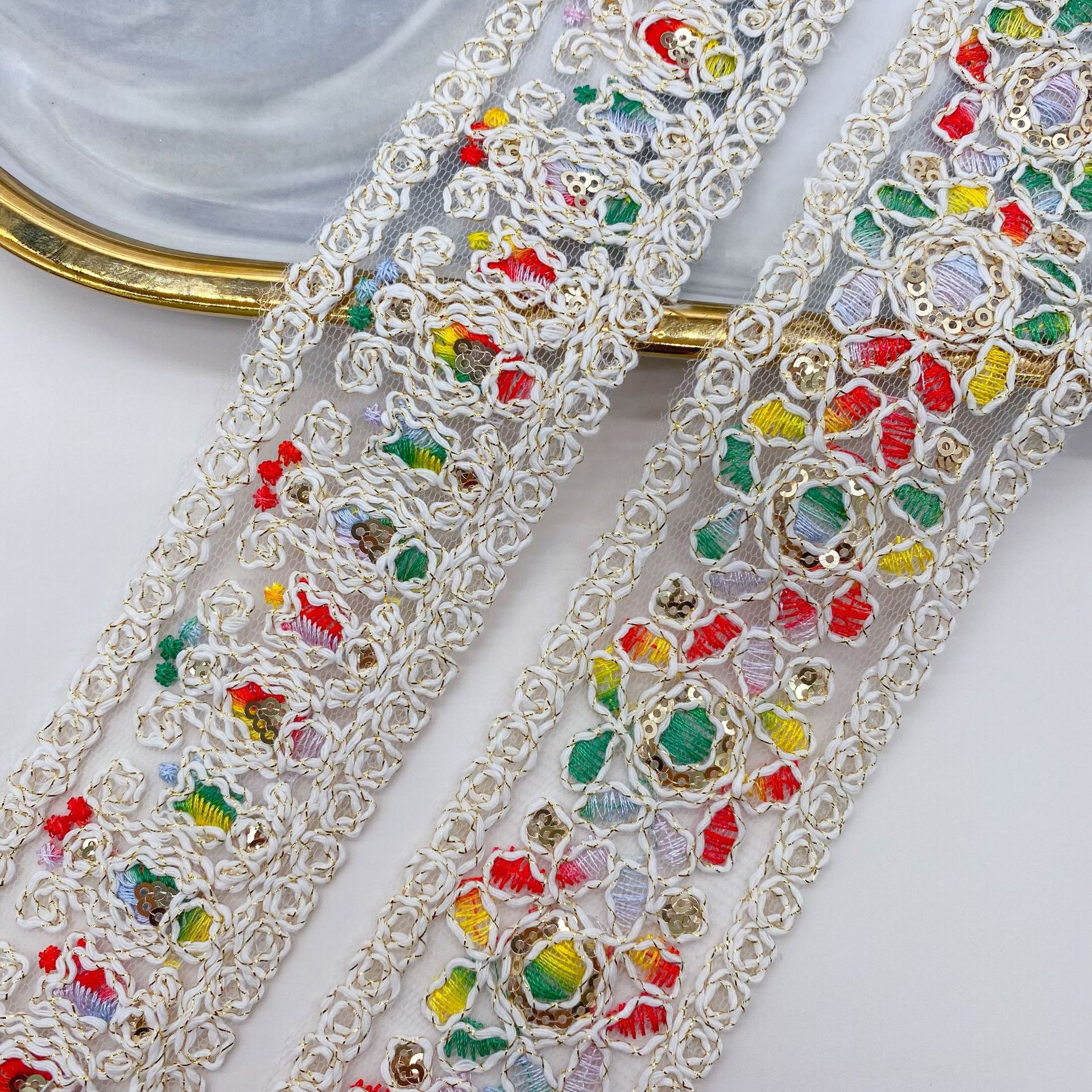 Bordado de color, malla, lentejuelas, encaje multicolor, accesorios de estilo exótico, encaje, código de barras, encaje, nuevo estilo étnico