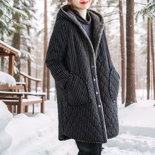 冬季新款复古棉麻格子中长款连帽棉衣女加绒加厚大码保暖棉袄