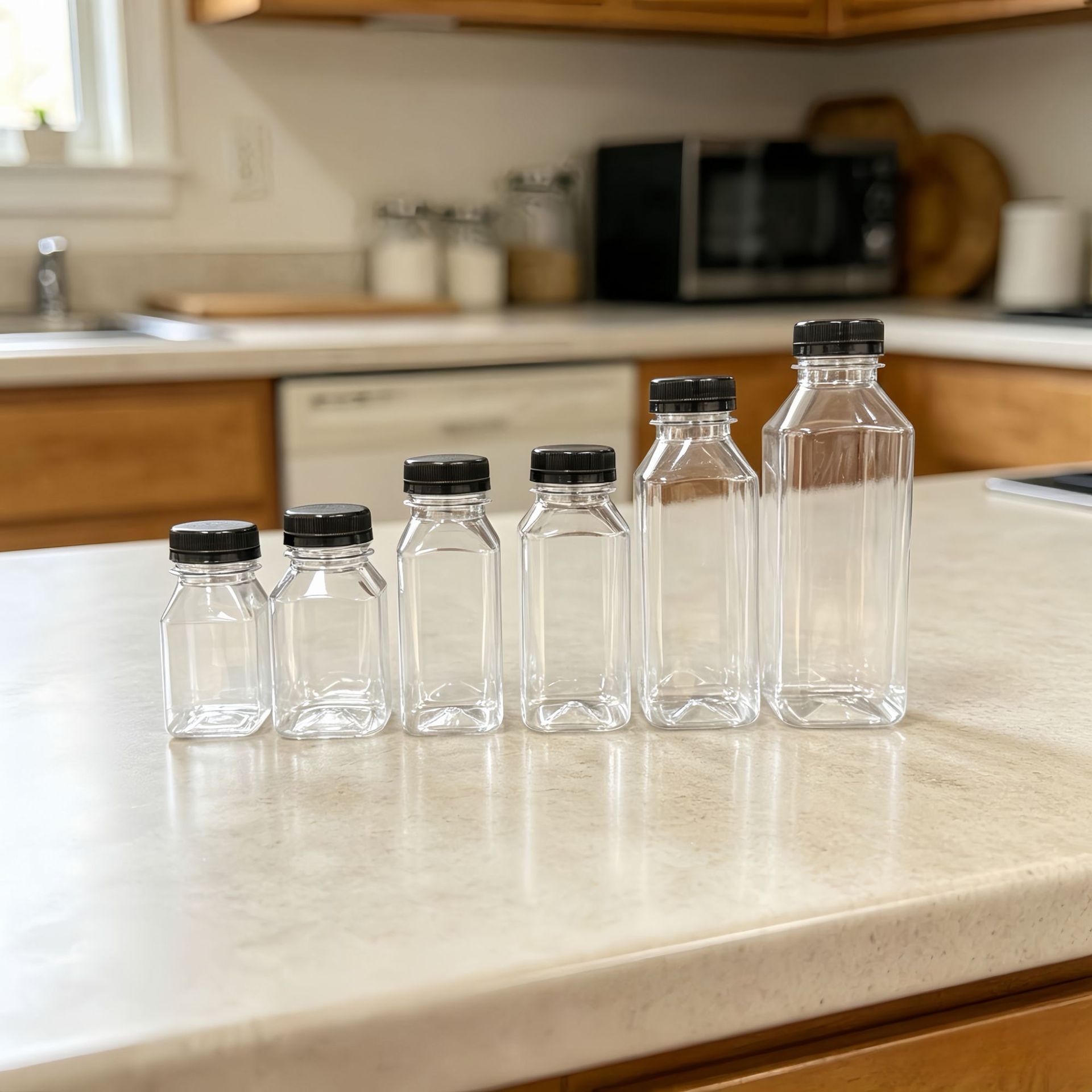 Botellas cuadradas de plástico transparente para jugo y té con leche, paquete de 38 unidades, en stock del fabricante, éxito de ventas en Amazon, múltiples capacidades.