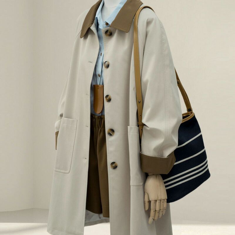 Japanese-Style Khaki Trench Coat, Autumn 2025 New Women's Fashion, Relaxed Fit, Slimming Effect, Color-Blocked Lapel, Mid-Length Coat