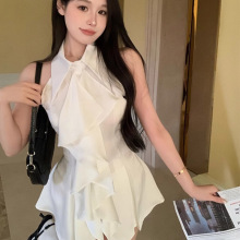 官图实价 荷叶边无袖衬衫上衣女夏法式气质中长款收腰修身衬衣