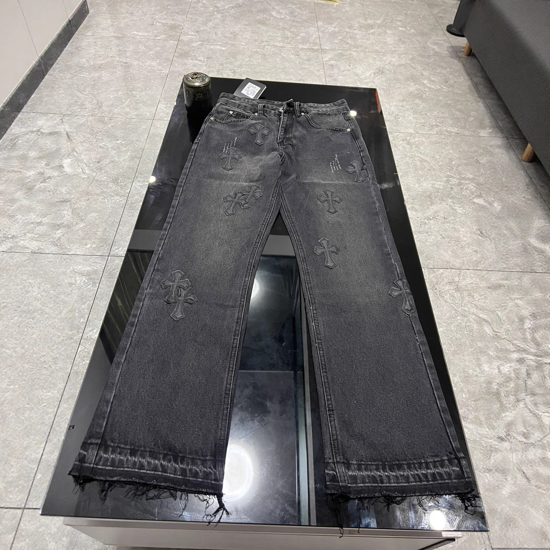 Chrome Heart Croix Cross Leather Jeans High Version Poison Home High Street Fashion Pants