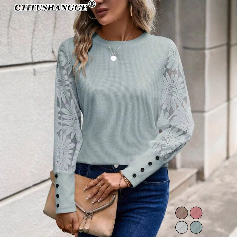 2025 Autumn European and American Foreign Trade Amazon Solid Color Long-Sleeve Embroidered Lace Patchwork Waffle Round-Neck Top 2025 Autumn European and American Foreign Trade Amazon Solid Color Long-Sleeve Embroidered Lace Patchwork Waffle Round-Neck Top